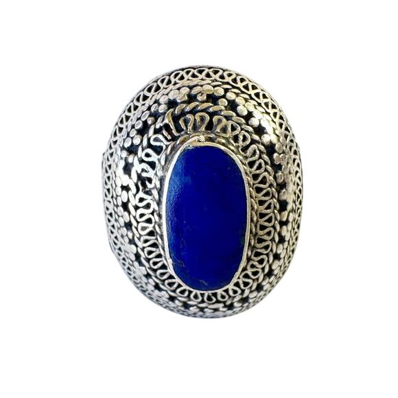 Vintage Afghan Lapis Lazuli Handmade Intricate Silver Uzbek Ring US 7 - 7.25 - Picture 2 of 7